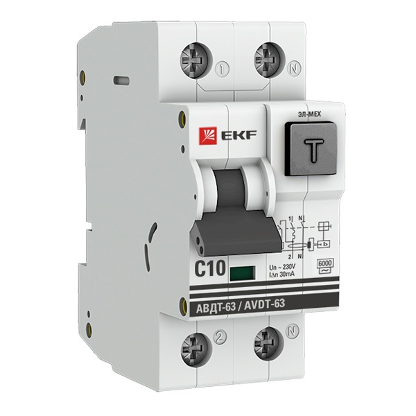 Дифавтомат EKF PROxima АВДТ-63 1P+N С10А 30мА 6кА тип АС однофазный электромеханический 6кА (дифференциальный автомат, АВДТ)