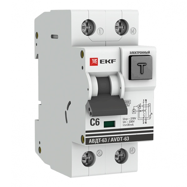 Дифференциальный автомат EKF PROxima АВДТ-63 1P+N C6А 30мА тип А однофазный электронный 6кА (дифавтомат, АВДТ)