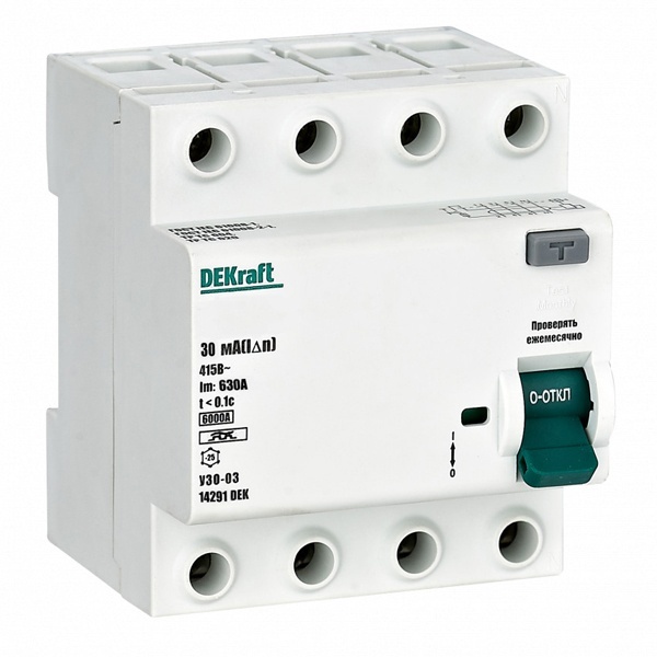 Дифференциальный выключатель DEKraft УЗО-03 4P 25А 30мА тип A 6кА