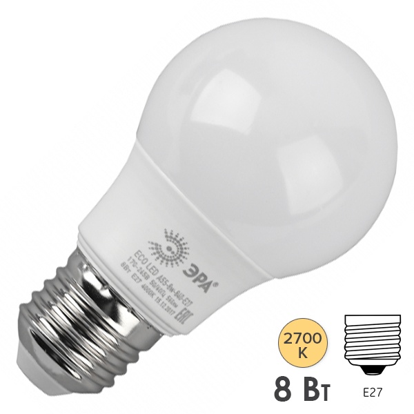 Лампа светодиодная груша ЭРА RED LINE LED A55 8W 827 E27 теплый свет