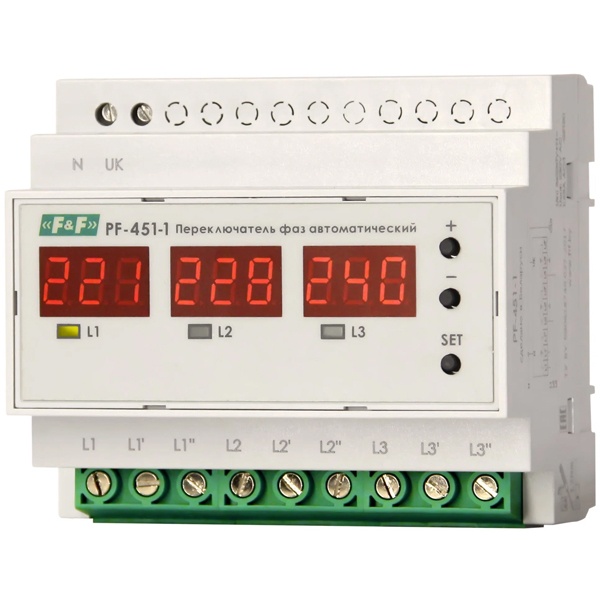 Переключатель фаз автоматический Евроавтоматика PF-451-1 3x63A пороги переключения 140-210В/240-300В