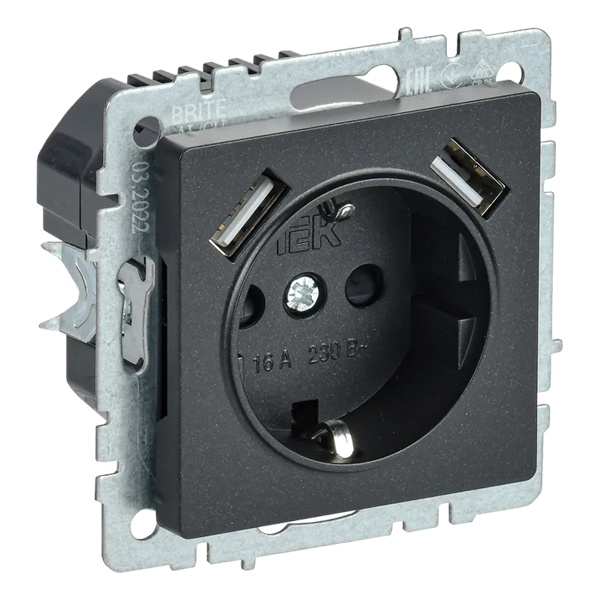 Зарядка ИЭК BRITE розетка 2Р+Е со шторками 16А с USB A+A 3,1А черный (РЮш10-2-БрЧ)