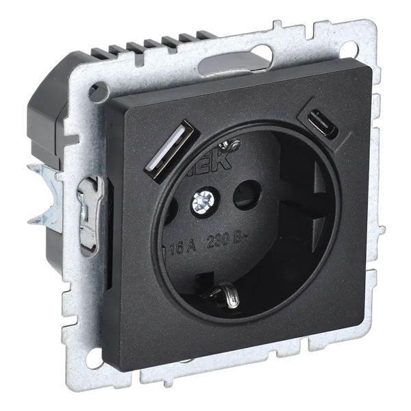 Зарядка ИЭК BRITE розетка 2Р+Е со шторками 16А с USB A+С 3,1А черный (РЮш11-1-БрЧ)