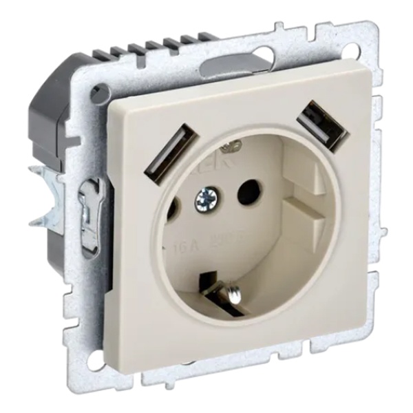 Зарядка ИЭК BRITE розетка 2Р+Е со шторками 16А с USB A+A 3,1А бежевый (РЮш10-2-БрКр)