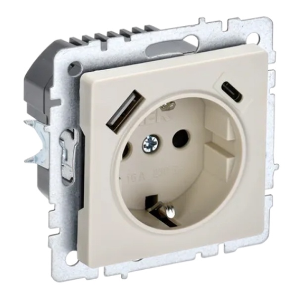 Зарядка ИЭК BRITE розетка 2Р+Е со шторками 16А с USB A+С 3,1А бежевый (РЮш11-1-БрКр)