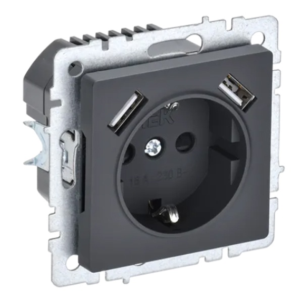 Зарядка ИЭК BRITE розетка 2Р+Е со шторками 16А с USB A+A 2,1А графит (РЮш10-1-БрГ)