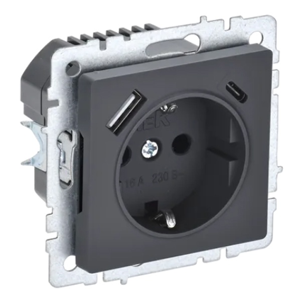 Зарядка ИЭК BRITE розетка 2Р+Е со шторками 16А с USB A+С 3,1А графит (РЮш11-1-БрГ)