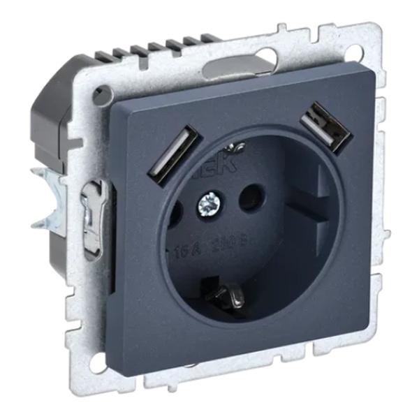 Зарядка ИЭК BRITE розетка 2Р+Е со шторками 16А с USB A+A 2,1А маренго ( РЮш10-1-БрМ)