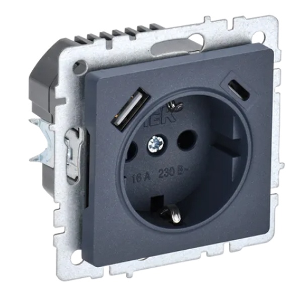 Зарядка ИЭК BRITE розетка 2Р+Е со шторками 16А с USB A+С 3,1А маренго ( РЮш11-1-БрМ)