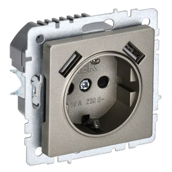 Зарядка ИЭК BRITE розетка 2Р+Е со шторками 16А с USB A+A 2,1А шампань (РЮш10-1-БрШ)