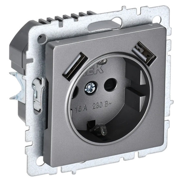 Зарядка ИЭК BRITE розетка 2Р+Е со шторками 16А с USB A+A 3,1А сталь (РЮш10-2-БрС)
