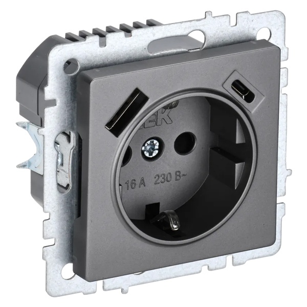Зарядка ИЭК BRITE розетка 2Р+Е со шторками 16А с USB A+С 3,1А сталь (РЮш11-1-БрС)