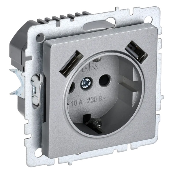 Зарядка ИЭК BRITE розетка 2Р+Е со шторками 16А с USB A+A 2,1А алюминий (РЮш10-1-БрА)