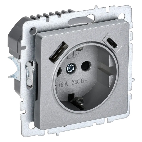 Зарядка ИЭК BRITE розетка 2Р+Е со шторками 16А с USB A+С 3,1А алюминий (РЮш11-1-БрА)