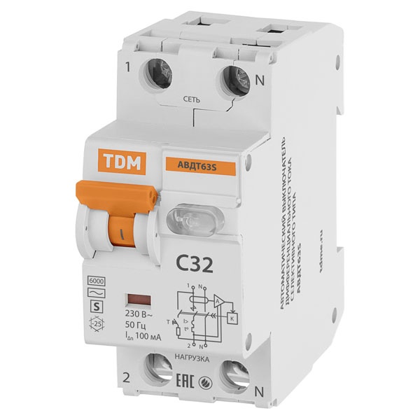 Дифференциальный автомат TDM 2П C32А 100мА тип АС однофазный электронный 6кА селективный АВДТ63S (дифавтомат, АВДТ)