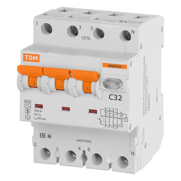 Дифференциальный автомат TDM 4П C32А 300мА тип АС трехфазный электронный 6кА селективный АВДТ63S (дифавтомат, АВДТ)