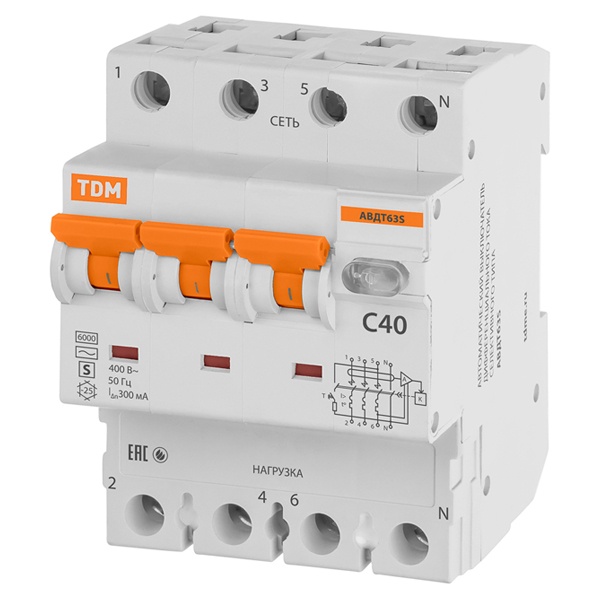 Дифференциальный автомат TDM 4П C40А 300мА тип АС трехфазный электронный 6кА селективный АВДТ63S (дифавтомат, АВДТ)
