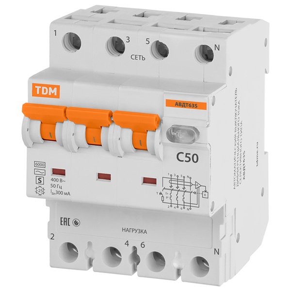 Дифференциальный автомат TDM 4П C50А 300мА тип АС трехфазный электронный 6кА селективный АВДТ63S (дифавтомат, АВДТ)