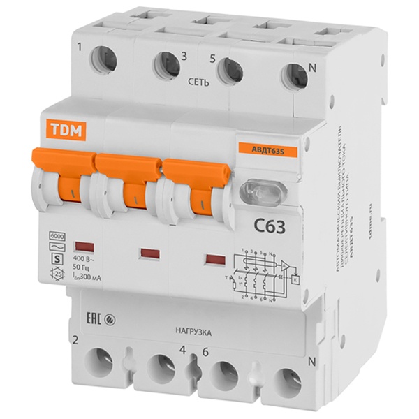 Дифференциальный автомат TDM 4П C63А 300мА тип АС трехфазный электронный 6кА селективный АВДТ63S (дифавтомат, АВДТ)