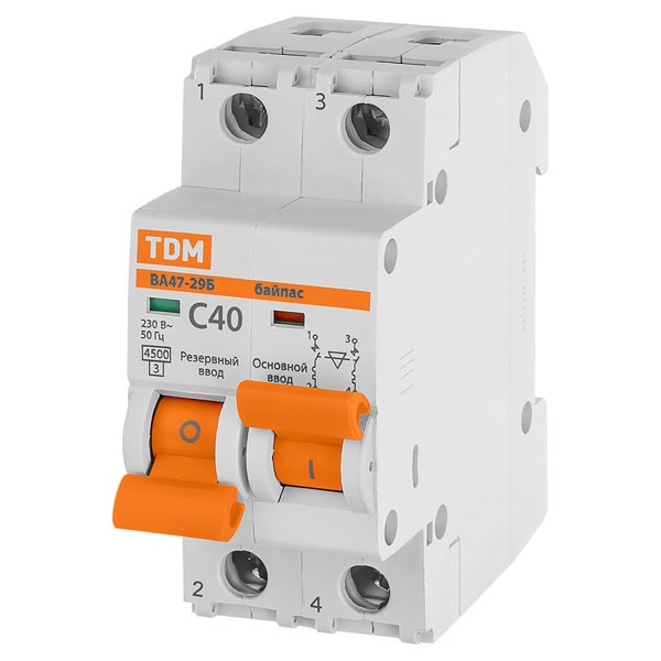Автоматический выключатель с механической блокировкой (байпас) TDM ВА47-29Б 1Р+1Р С40А 4,5кА (автомат электрический)