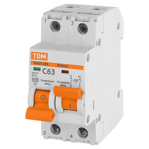 Автоматический выключатель с механической блокировкой (байпас) TDM ВА47-29Б 1Р+1Р С63А 4,5кА (автомат электрический)