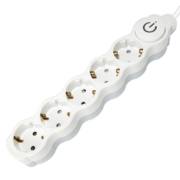 Удлинитель бытовой TDM Люкс УЛ05В 5х2Р+Е 5м выключатель шторки ПВС 3х1мм2 16А/250В бело-серый