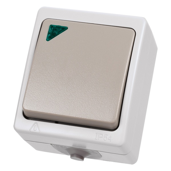 Переключатель одноклавишный TDM открытой установки Вуокса с подсветкой 10А IP54 серый