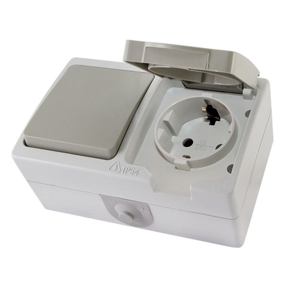 Блок (горизонтальный) TDM Вуокса выключатель одноклавишный + розетка 2П+З шторки IP54 серый