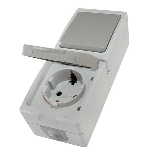 Блок (вертикальный) TDM Вуокса выключатель одноклавишный + розетка 2П+З шторки IP54 серый