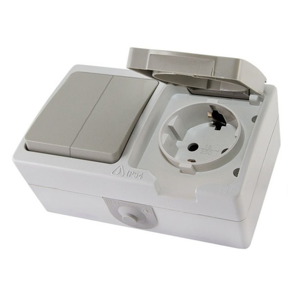 Блок (горизонтальный) TDM Вуокса выключатель двухклавишный + розетка 2П+З шторки IP54 серый