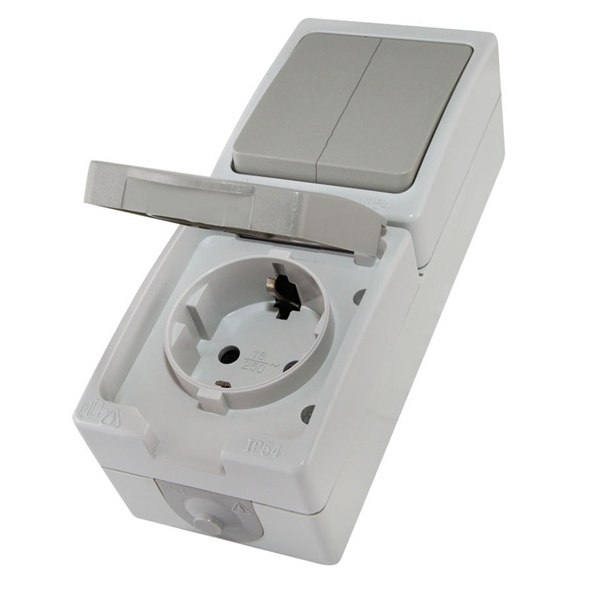 Блок (вертикальный) TDM Вуокса выключатель двухклавишный + розетка 2П+З шторки IP54 серый