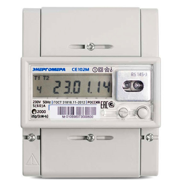 Счетчик однофазный многотарифный Энергомера CE102M R5 145-A ЖКИ 5-60А 230В на DIN-рейку 5м