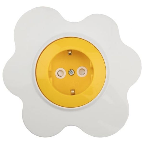 Розетка одноместная Kranz HAPPY Яичница скрытой установки, с заземлением и шторками, желтый/белый
