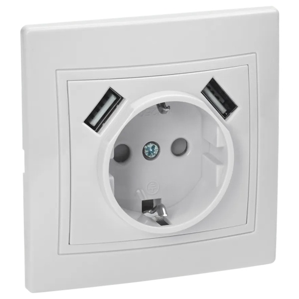 Зарядка розетка 2Р+Е со шторками Generica КВАРТА 16А с USB A+A 2,1А белый (РЮш10-1-КБ)