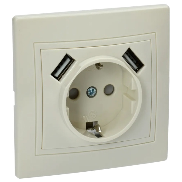Зарядка розетка 2Р+Е со шторками Generica КВАРТА 16А с USB A+A 2,1А кремовый (РЮш10-1-ККм)