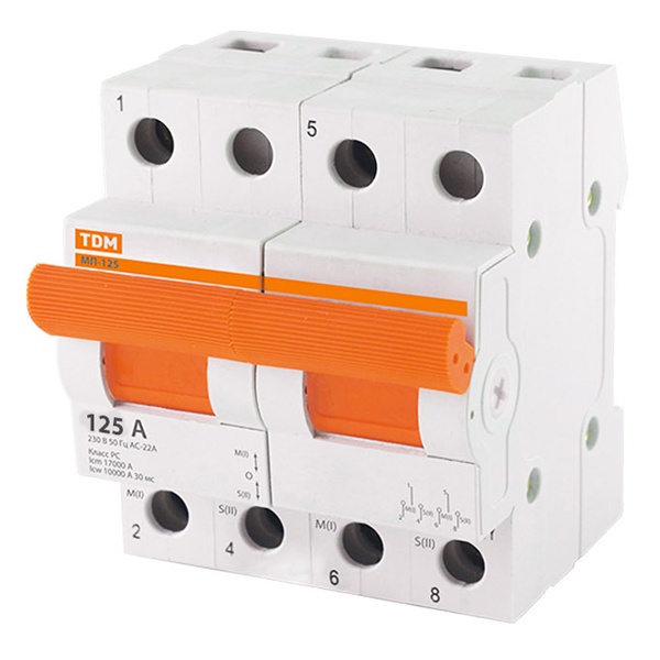 Рубильник реверсивный модульный TDM МП-125 2P 125А 3 положения однофазный (выключатель нагрузки)