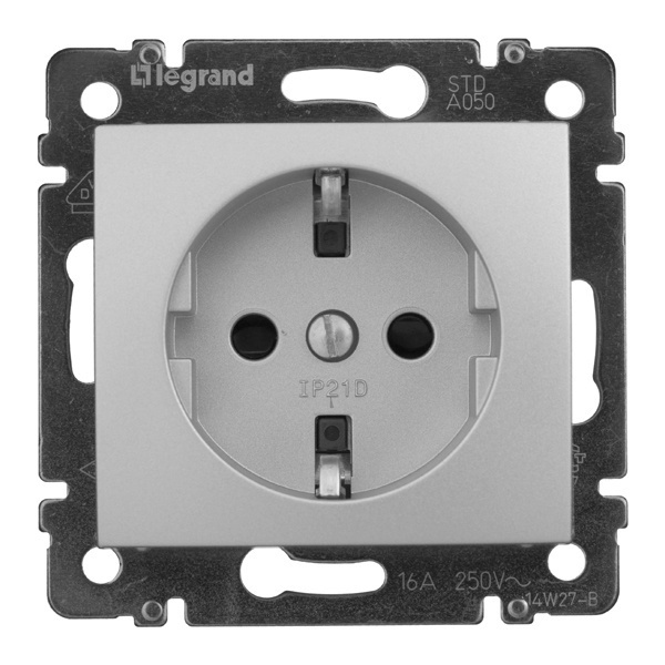 Розетка Legrand Valena с заземлением со шторками алюминий (770121 в индивидуальной упаковке)