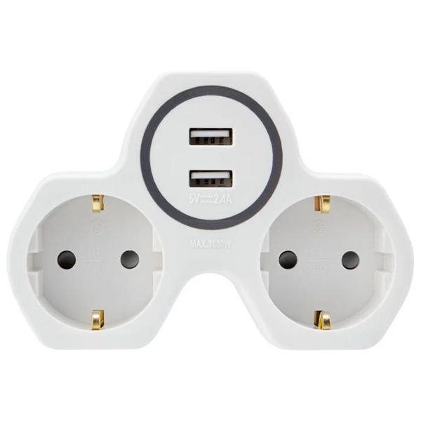 Двойник электрический Rexant 16 А с заземлением и защитными шторками + 2 USB порта, 2,4 А, белый