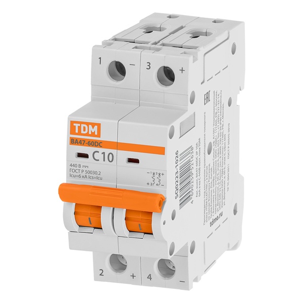 Автоматический выключатель постоянного тока TDM ВА47-60DC 2P 10А 6кА характеристика С 440В (автомат электрический)
