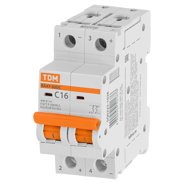 Автоматический выключатель постоянного тока TDM ВА47-60DC 2P 16А 6кА характеристика С 440В (автомат электрический)
