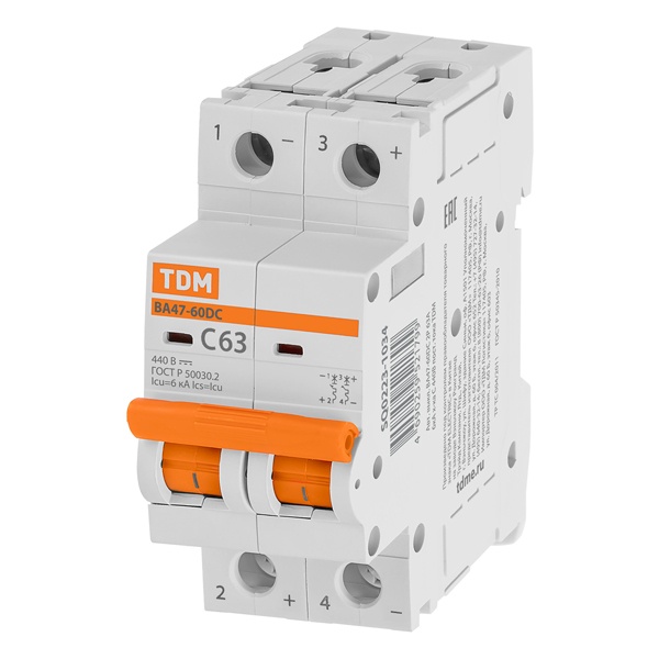 Автоматический выключатель постоянного тока TDM ВА47-60DC 2P 63А 6кА характеристика С 440В (автомат электрический)