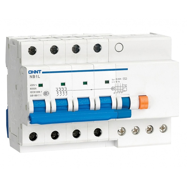 Дифференциальный автомат Chint NB1L-40 С16А 4P 30мА тип AC трехфазный электромеханический 6кА 7м (дифавтомат, АВДТ)