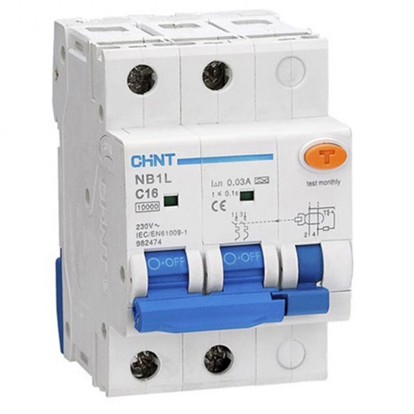 Дифференциальный автомат Chint NB1L-63 С63А 2P 300мА тип AC однофазный электромеханический 6кА 4м (дифавтомат, АВДТ)