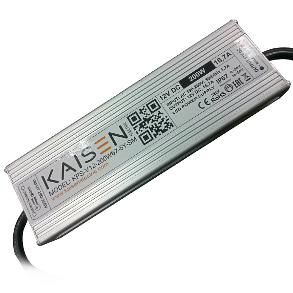 Блок питания для светодиодной ленты Kaisen 200W 12V 0-16,7A -30+40°С IP67 225х65х35 mm