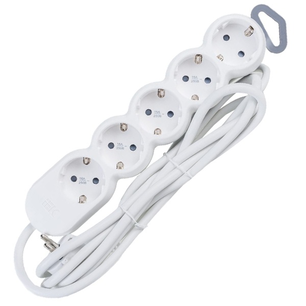 Удлинитель ИЭК UNO У05 5х2P+PE со шторками 5м 3х1,5мм2 16А/250В белый/серый