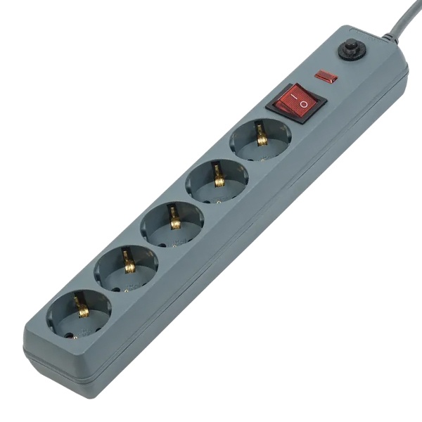 Сетевой фильтр ИЭК СФ-05К 5х2P+PE 16А выключатель с индикатором 5метров 3х1мм2 серый