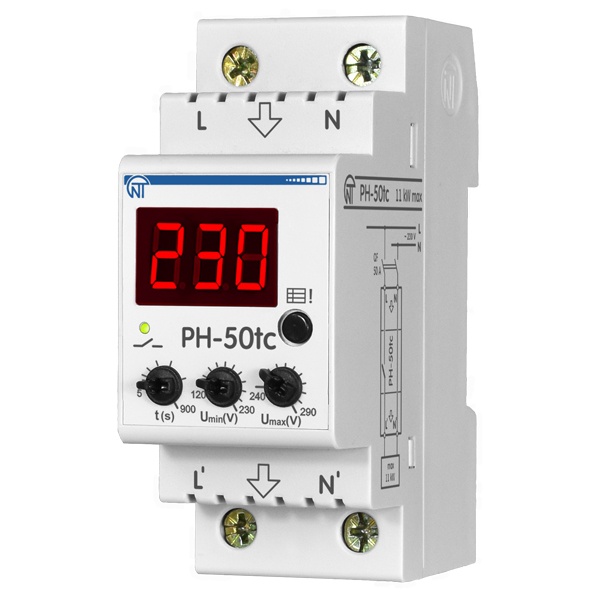 Однофазное реле контроля напряжения Новатек РН-50tc 50А, на DIN-рейку