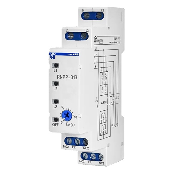 Трехфазное реле контроля напряжения/перекоса фаз Новатек РНПП-313 5А на DIN-рейку