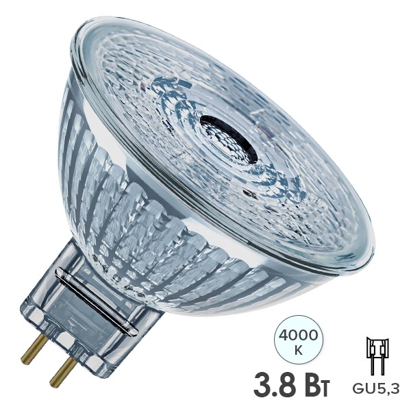 Лампа светодиодная Osram LEDS MR16 3,8W/840 (35W) 12V GU5.3 36° 350Lm стекло холодный свет