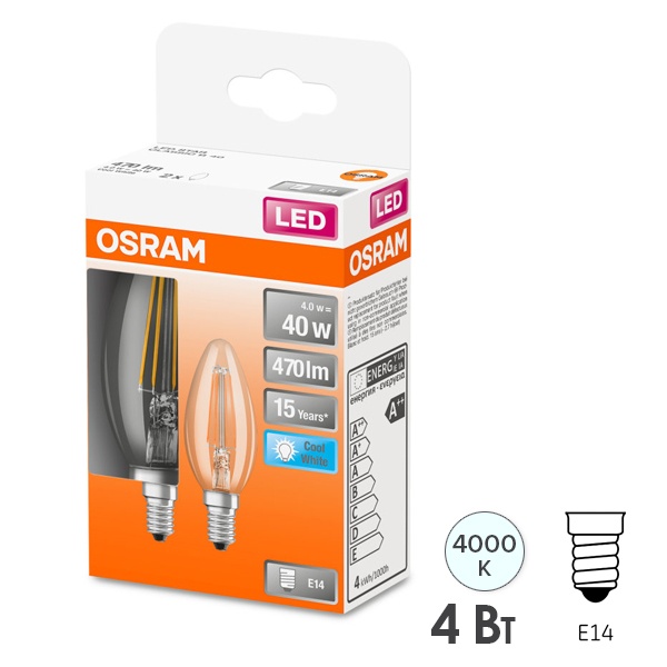 Лампа филаментная свеча Osram LED SCL B40 4W/840 4000K 220V E14 прозрачная